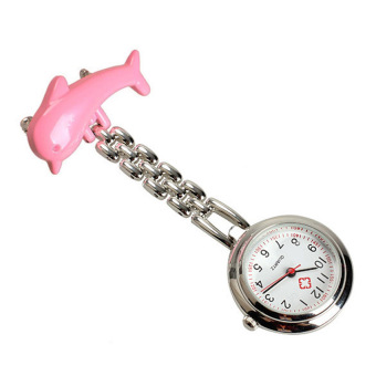 HKS Cute Dolphin Nurse Fob Brooch Pendant Pocket Watch with Clip Pink  