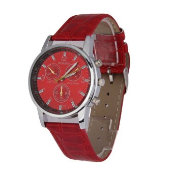 HKS Fashion Unisex PU Band Sport Quartz Watch with 3 Small Dials Decoration (Red)  