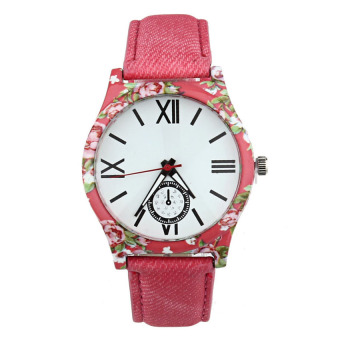 HKS Luxury Woman Leather Strap Flower Cloth Analog Quartz Wrist Watch Red  