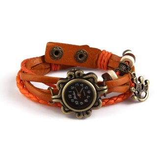 HKS Quartz Fashion Weave Wrap Around Leather Bracelet Wrist Watch Orange  