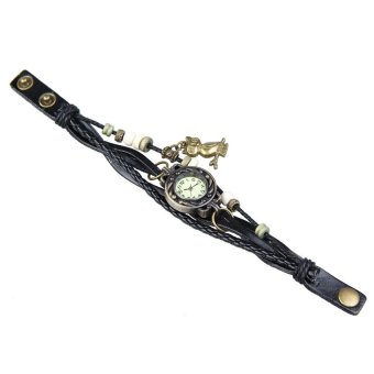 HKS Retro Girl Bracelet Wrist Watch Braid Leather Watchband Owl Pendant Black  