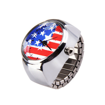 HKS Stretch Elastic Silver Tone Mini Round America Flag Dial Quartz Ring Watch  