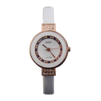 HKS Women Round Face Watch with Two Colors Rhinestone PU Leather Band White  