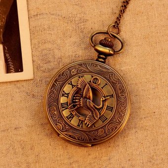 honful Roman Number Bird Pattern Necklace Retro Pocket Watch Bronze For Men Women Unisex Quartz Alloy Pendant With Long Chain (bronze) - intl  