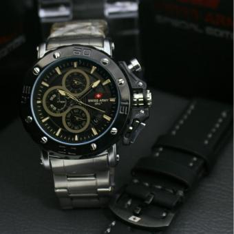 Jam Tangan Pria Original Swiss Army Dhc Chrono Aktif Free Strap Leather - Silver Black  