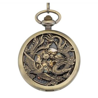 jaxuzha 2016 Retro Punk Watches Men Women Necklace Chain Mechanical Dragon and Phoenix hollow Pendant Pocket Quartz Watch (Yellow) - intl  