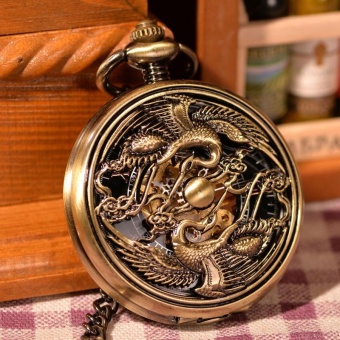 jinma Wholesale Antiques 2 Mandarin Cranes Engraved Gold Mechanical Pocket Watch Steampunk Hand Wind Keychain Watch Nurse (Gold) - intl  