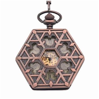 koklopo Antique red bronze Hexagonal automatic pendant fob watch retro pocket watch keychain vintage mechanical pocket watch with Chain (Yellow) - intl  