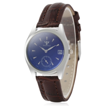 Ladies Quartz Watch Leather Strap Blue-ray Mirror Date Display(brown leather band+black dial)  