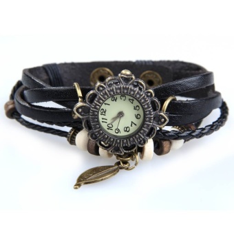 Lady Retro Weave Wrap PU Leather Quartz Bracelet Watch Black   