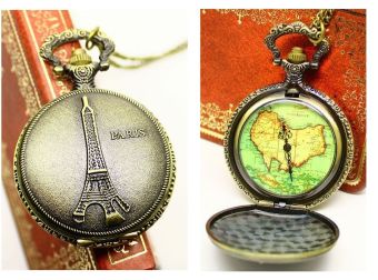 liangun Pocket watch male bronze vine big map Eiffel Tower case fashion quartz alloy for unisex dropship (as pic) - intl  