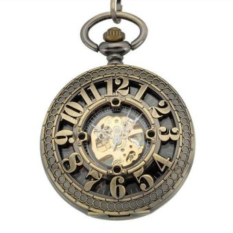 linxing 20pcs/lot Antique Hollow Arabic Numbers Bronze Case Vintage Black Dial Pocket Watch Mechanical Analog Display Pendant Watch (Yellow) - intl  