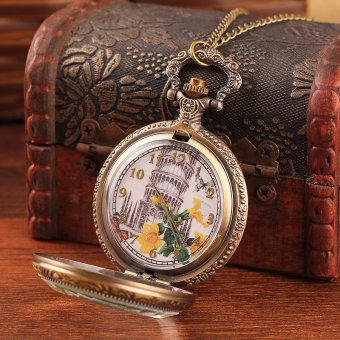 louiwill Free ship fashion ladies with chain yellow flowers antique leaning tower of Pisa bronze case quartz large pocket watch necklace  