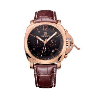 MEGIR Jam Tangan Pria Chronograph Genuine Leather Band Quartz Luxury ML 3006 GREBN-1N0 - Black Gold Brown  