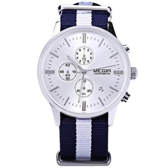 MEGIR Jam Tangan Pria Leather Band Quartz with Three Working Sub-dials Date Function Wristwatch ML 2011 GBE/WE-7 - Silver White Blue  
