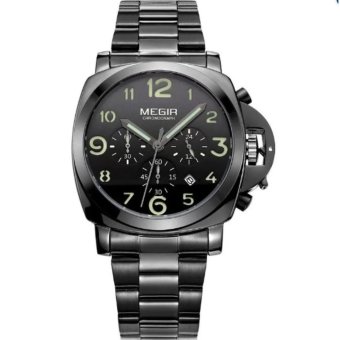 MEGIR Jam Tangan Pria Quartz Multifunctional Military Black Stainless Steel Band Wristwatch MS 3406 G/BK-1 - Black  