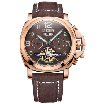 Megir Luminous Mechanical Watch Men Genuine Nubuck Leather Strap Waterproof Wristwatch (Brown)  