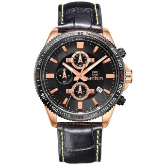 MEGIR Men's Watches Genuine Leather Chronograph 24 Hours Quartz Watch (Black)  