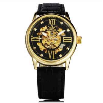 Men Automatic Mechanical Wrist Watch with PU Band (Black+Golden) - intl  