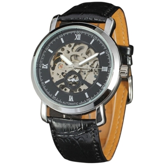 Men Automatic Mechanical Wrist Watch with PU Band (Black+Silver)  
