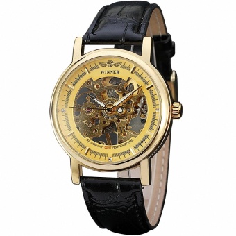 Men Classic Hand-wind Mechanical Wrist Watch Leather Band Hollowed Dial Luxury Golden Skeleton Movement Watch+ BOX 106 - intl  