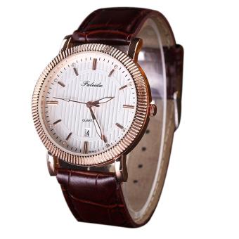 Men Leather Business Calendar Quartz Watch (Brown+Gold) - intl  