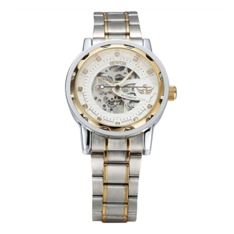 Men Round Dial Mechanical Wrist Watch with Stainless Steel Band (White+Golden) - intl  