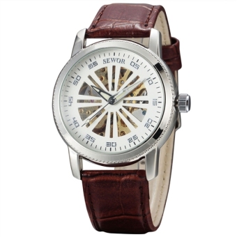 Men Round Dial Mechanical Wrist Watch with Stainless Steel Band (White+Silver+Brown) - intl  