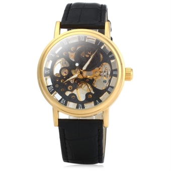 Men Skeleton Round Dial Automatic Mechanical Wrist Watch with PU Band (Black) - intl  