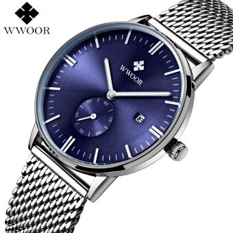 Men Watches Top Brand WWOOR Date Clock Male Waterproof Quartz Watch Men Silver Steel Mesh Strap Luxury Casual Sports Wrist Watch (Blue)  