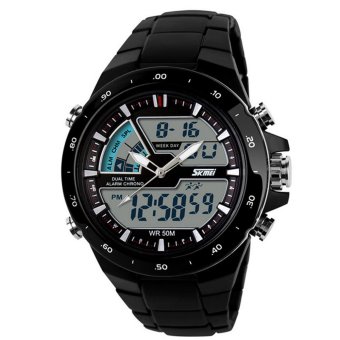 Men's LED Backlight Waterproof Outdoor Sport Swimming Watch Dual Time Zone Display Electronic Wrist Watch Black  