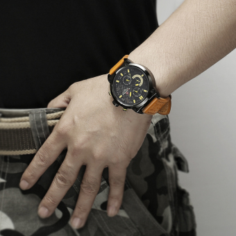 Men's Sports Watches Waterproof Quartz Watch Black Leather Strap Military Wrist (BLACK BROWN) - intl  