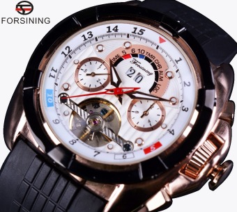 Mens Watch Top Brand Luxury Sport Automatic Multifunction Date Day Display Rose Gold Case Rubber Band Tourbillon  