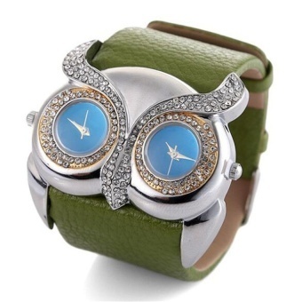 Newly Design Fashion Leather Watch Owl Double Dual Dial 30MWaterproof Sport Watches(Green) - intl  