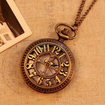 noion New Bronze Vintage Pocket Watch Men Women Unisex NecklaceQuartz With Long Chain Hollow Big Numbers Best Gift (bronze) - intl  