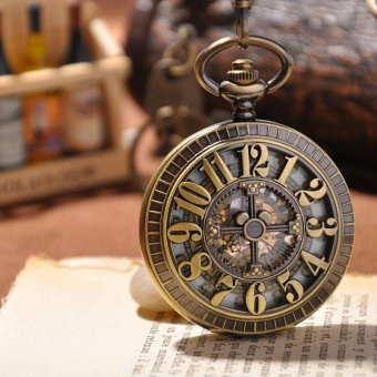 nonof Mechanical Hand Wind Pocket Watch Arabic Number Classic Elegant Vintage Pendant Steampunk Watch With Chain relogio de bolso PW03 (Bronze) - intl  