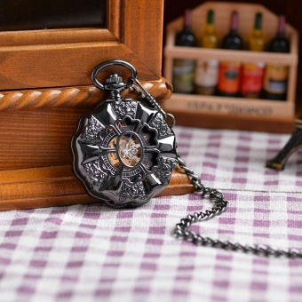 nonof Wholesale Black Flower Shape Lid Mechancial Pocket Watch Nurse Antiques Roman Numerals Hand Wind Souvenir Pocket Watch (Black) - intl  