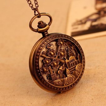 noonbof Pocket Watch Necklace Quartz Pendant Vintage Women With Long Chain Flower Building Pattern New Arrival (bronze) - intl  