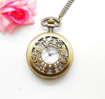 ooplm 2015 Wholesale hot sale bronze vintage big hollow cut girl fashion carved quartz pocket watch free shipping  