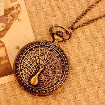 ooplm Big Peacock Pattern Retro Vintage Pocket Watch Women Necklace Quartz Alloy Pendant With Long Chain (bronze)  