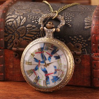 ooplm Bronze pocket necklace watch quartz roman number case lovely dragonfly with 78cm long chain top quality wholesale  