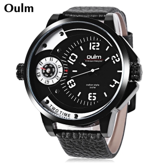 Oulm Men Quartz Watch Dual Time Zones Display 3ATM Genuine Leather Band Wristwatch  