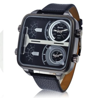 Oulm Men's Dual Time Zones Military Fashion Square Dial Leather Strap Quartz Watch  
