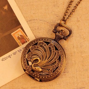 qoovan Hollow Swan Design Pocket Watch Women Necklace Quartz Pendant Vintage With Long Chain New (bronze) - intl  