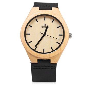 REDEAR Quartz Wooden Male Watch Simple Round Dial Leather Band Lightweight Wristwatch (BLACK)  