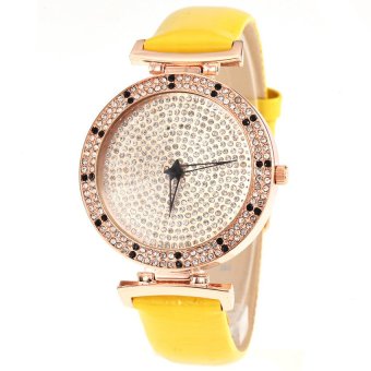 S & F Tianshou 0720G Womens Full Rhinestone Starry Sky Design Round Dial Analog Qaurtz Wrist Watch with Leather Band - Yellow  