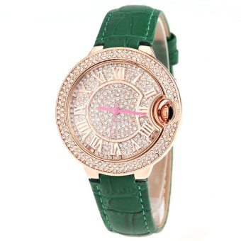 S & F Tianshou 0734L Womens Full of Rhinestone Pink Pointer Round Dial Roman Numbers Design Analog Qaurtz Wrist Watch with Genuine Leather Band (Green)  