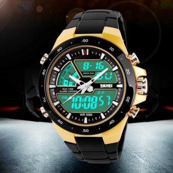 Skmei 1016 Mens - Jam Tangan Pria - Body Gold + Bezel Hitam - New Sport Watch  