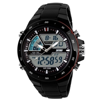 SKMEI 5ATM Waterproof Unisex LED Digital Analog Dual Time Display Sports Wrist Watch with Date / Alarm / Stopwatch / Backlight / Rubber Band (Black+Red) - intl  