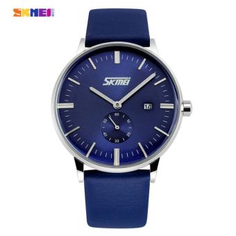 Skmei 9083 Fashion Men England Style Business Casual Quartz Watches Genuine Leather Wristwatch Blue  